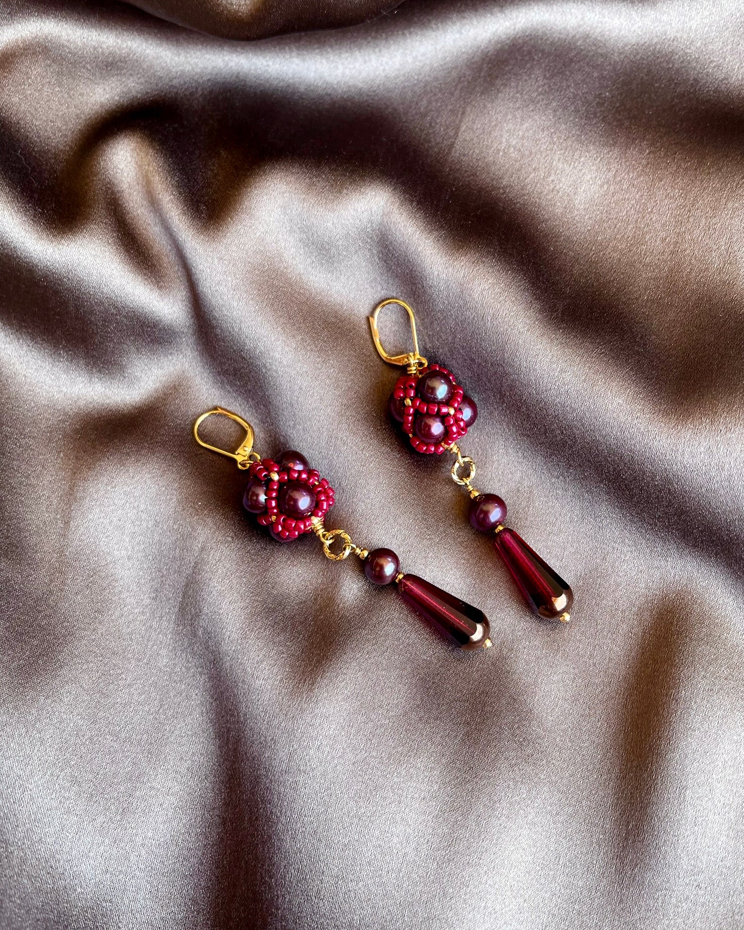 Beaded Pendant Earrings - Cranberry