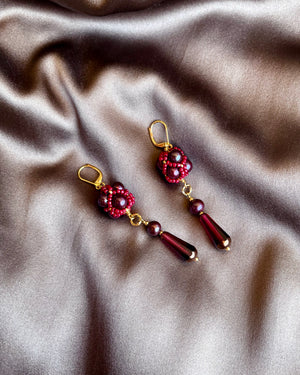 Beaded Pendant Earrings - Cranberry
