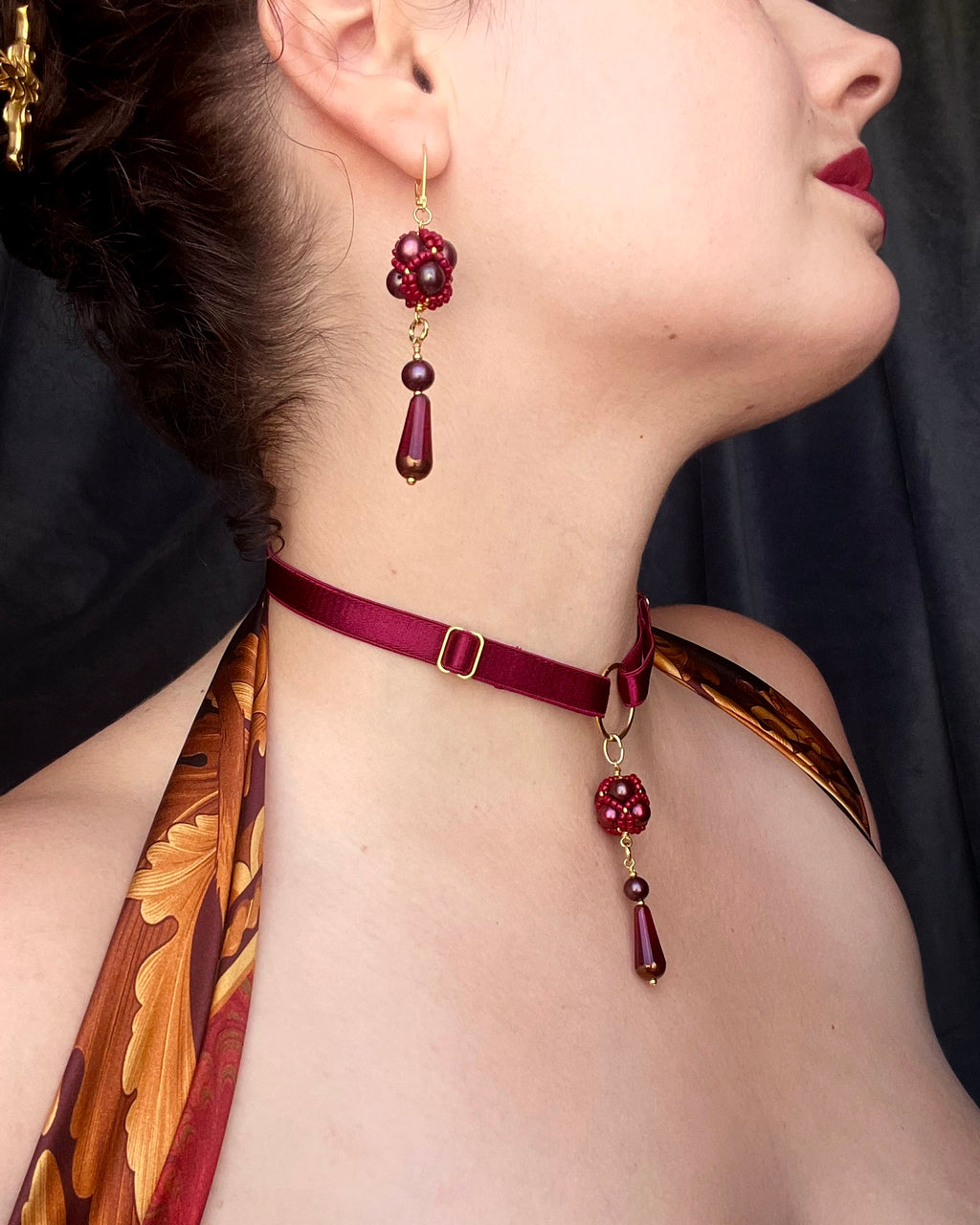 Beaded Pendant Earrings - Cranberry