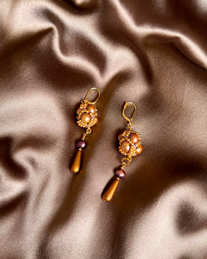 Beaded Pendant Earrings - Old Gold