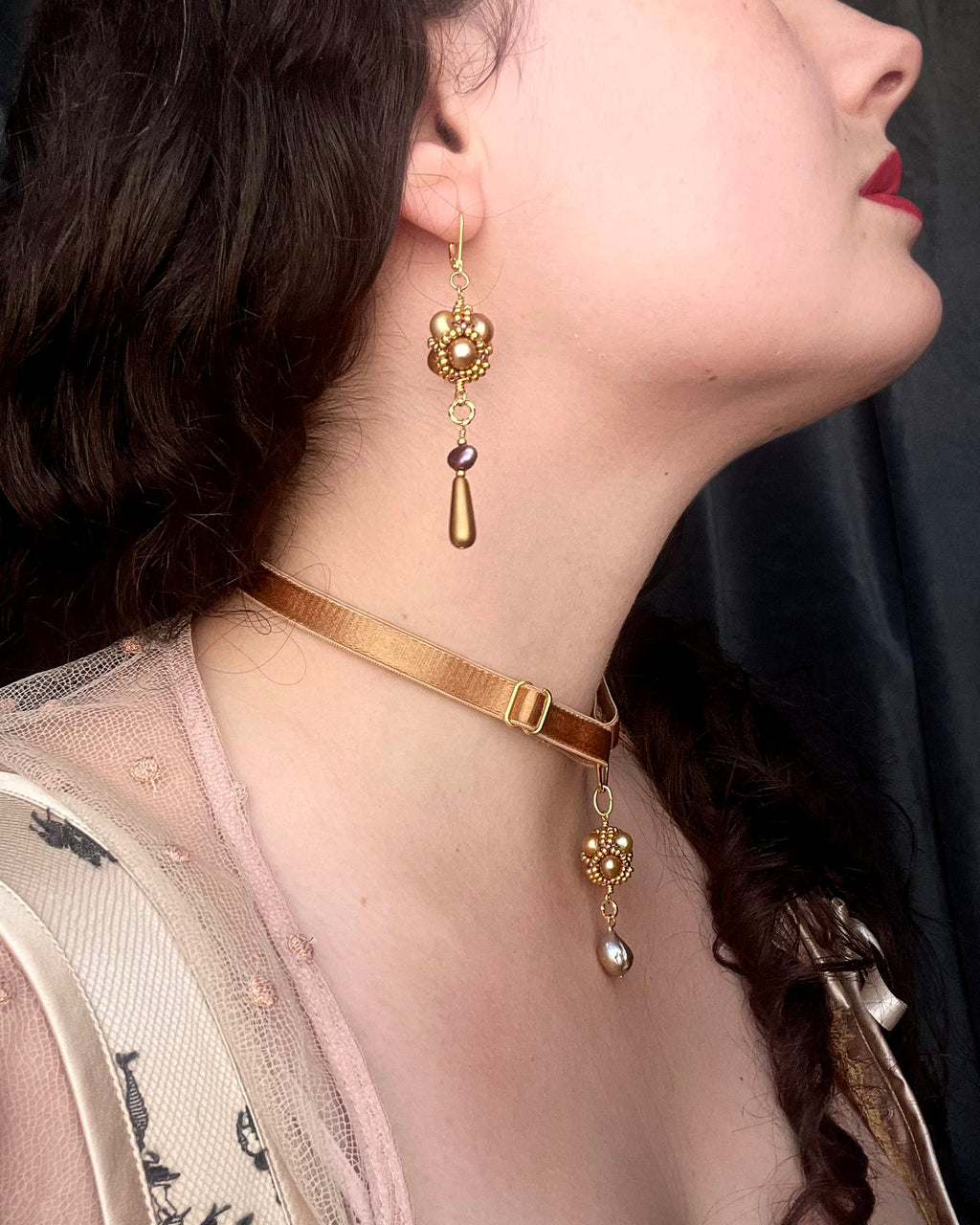 Beaded Pendant Earrings - Old Gold