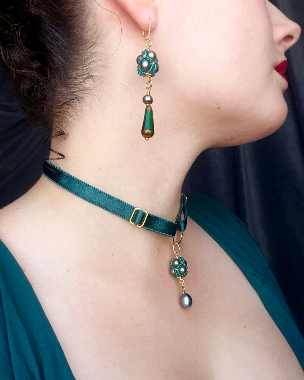 Beaded Pendant Earrings - Teal